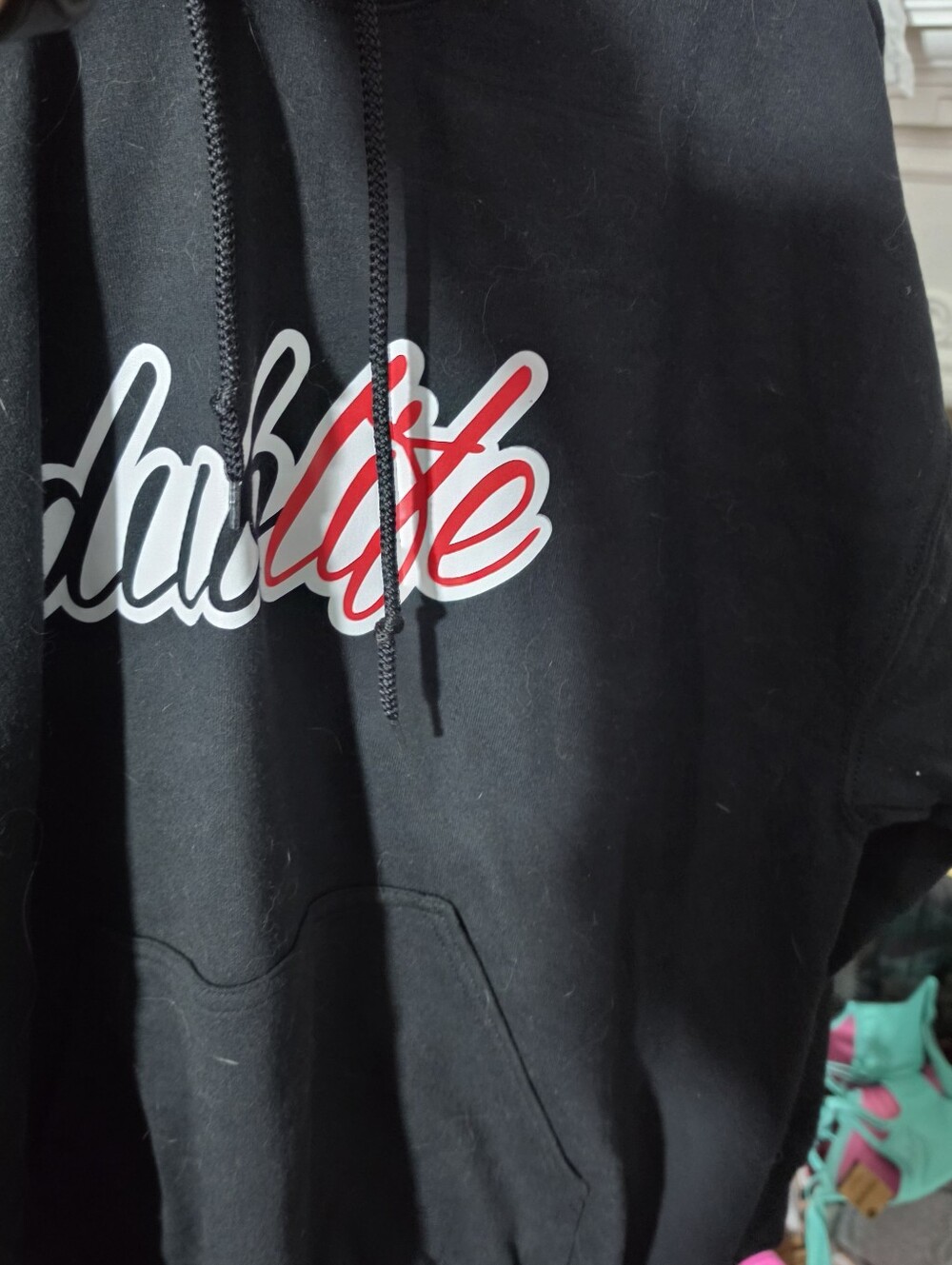 New Black Hoodie with Red & White Script Logo - Gildan. Dub Life Large